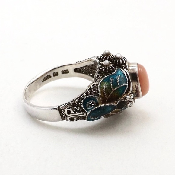 Vintage Chinese Sterling Silver Filigree Coral Cloisonne Butterfly Ring 10 - Picture 2 of 4